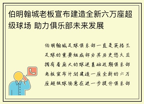 伯明翰城老板宣布建造全新六万座超级球场 助力俱乐部未来发展